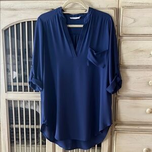 Lush Blue Flutter Sleeve Mandarin Collar Blouse
